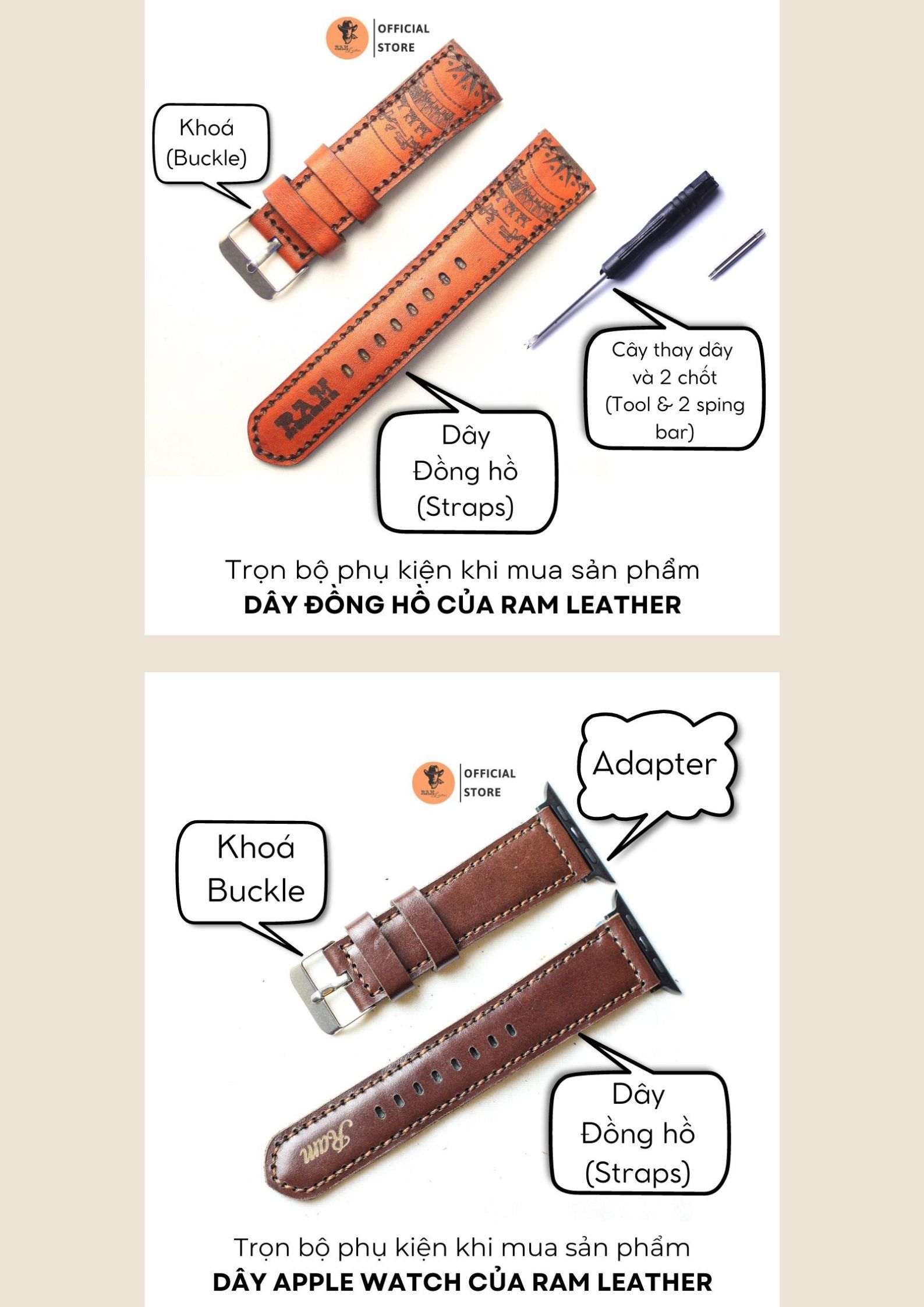 Dây da đồng hồ Siêu bền Da Bò Bản Bền Đẹp RAM Leather Simple 1