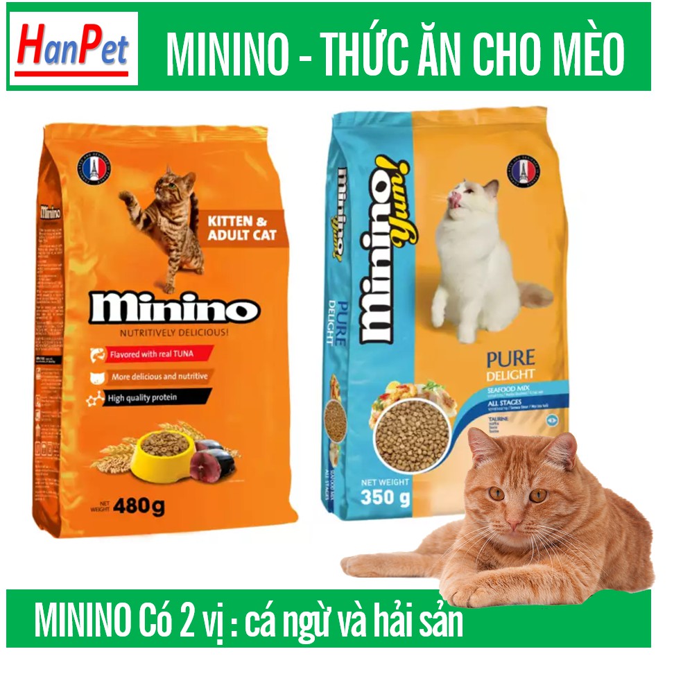 Hanpet -(Gói lớn 1,5kg&1,3kg) MININO Thức ăn viên cao cấp cho mèo, dùng cho mèo mọi lứa tuổi Thức ăn mèo me-o vị hải sản và cá ngù