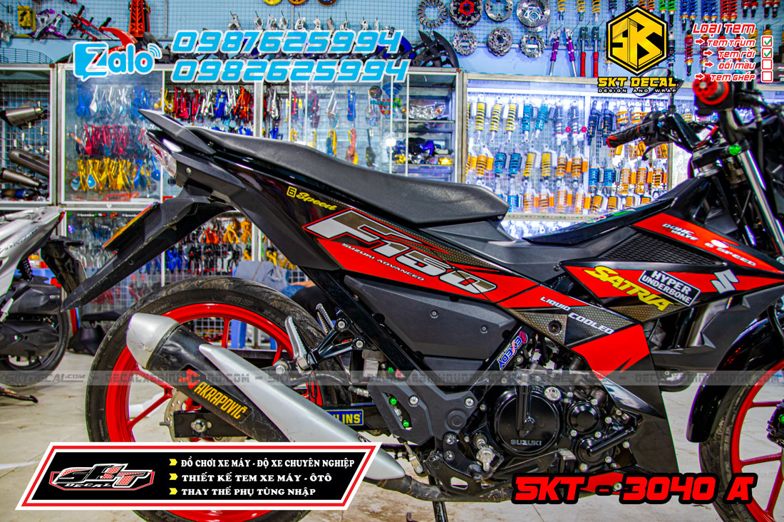 tem trùm xe satria đỏ đen