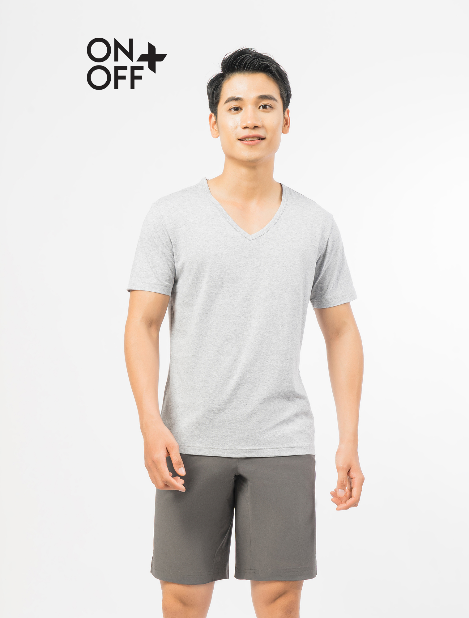 Áo phông nam cộc tay cotton compact trơn cổ tim onoff phong cách đơn giản - 18is23s016