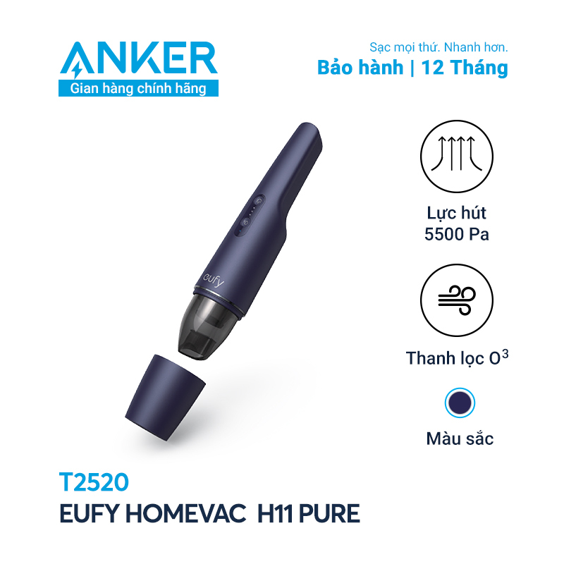 Máy hút bụi mini cầm tay không dây EUFY HomeVac H11 Pure (by Anker) có chức năng Ozone - T2520 - Lực hút mạnh đến 5500Pa, kích thước nhỏ gọn chỉ 0.58kg và có thể sạc lại bằng cổng USB