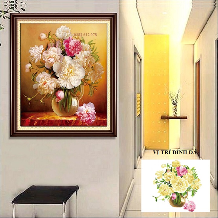 Tranh Đính Đá Bình Hoa, Kích Thước 50x60cm (Tranh Tự Đính)
