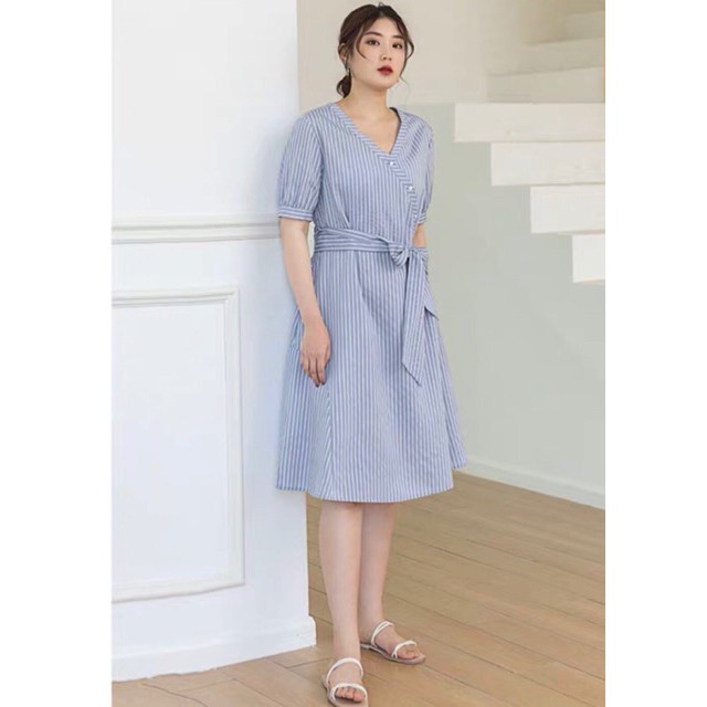 Đầm sọc xanh thắt eo v2