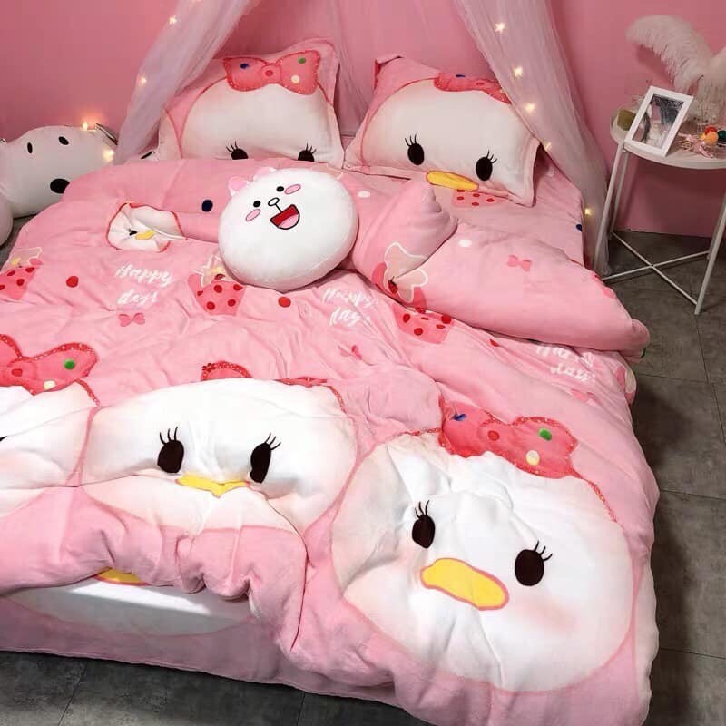 Set 5 món chăn phao ga gối kèm vỏ gối ôm mẫu vịt hồng