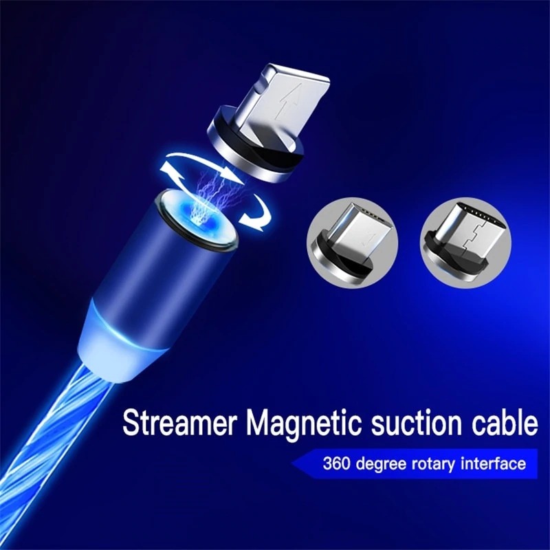 Cáp Sạc Điện Thoại Phát Sáng Nam Châm Đa Năng 3 Đầu Sạc, Đèn Led Dòng Chảy, Chống Xoắn Gãy Gập, dây sạc từ tính nhiều đầu