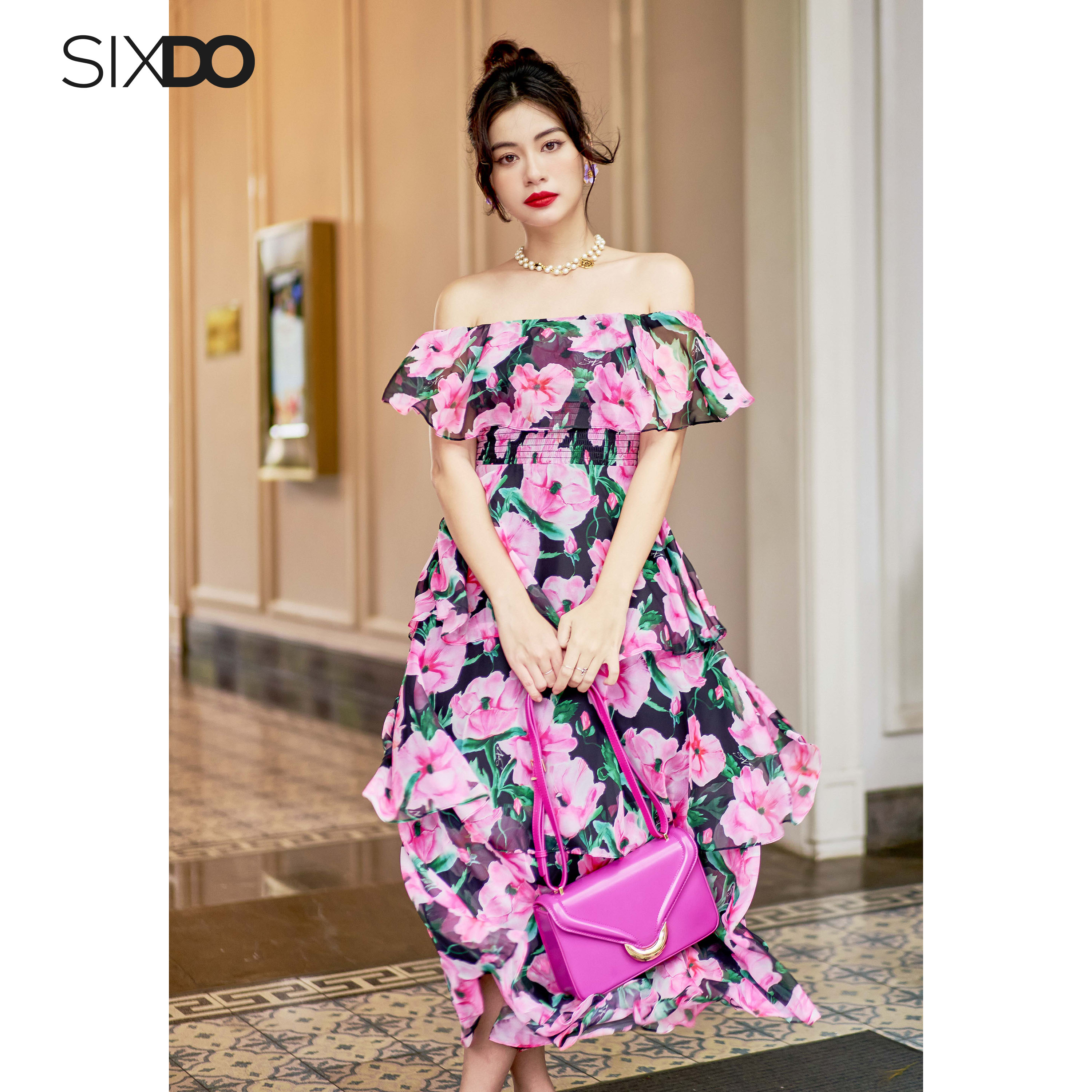 Đầm voan hoa trễ vai xếp tầng SIXDO (Black Cherry Blossom Midi Voile Dress)