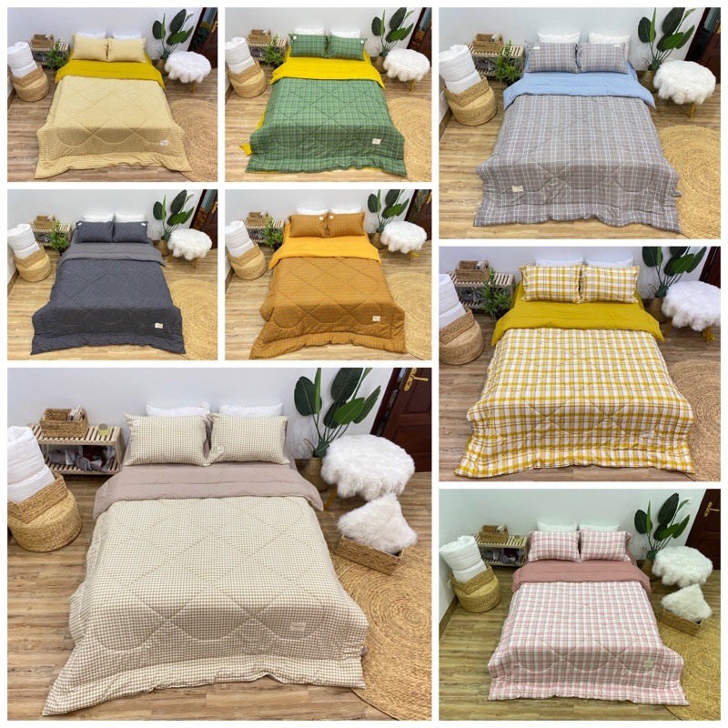 Bộ drap - chăn hè chần bông cotton tici kẻ hàn quốc