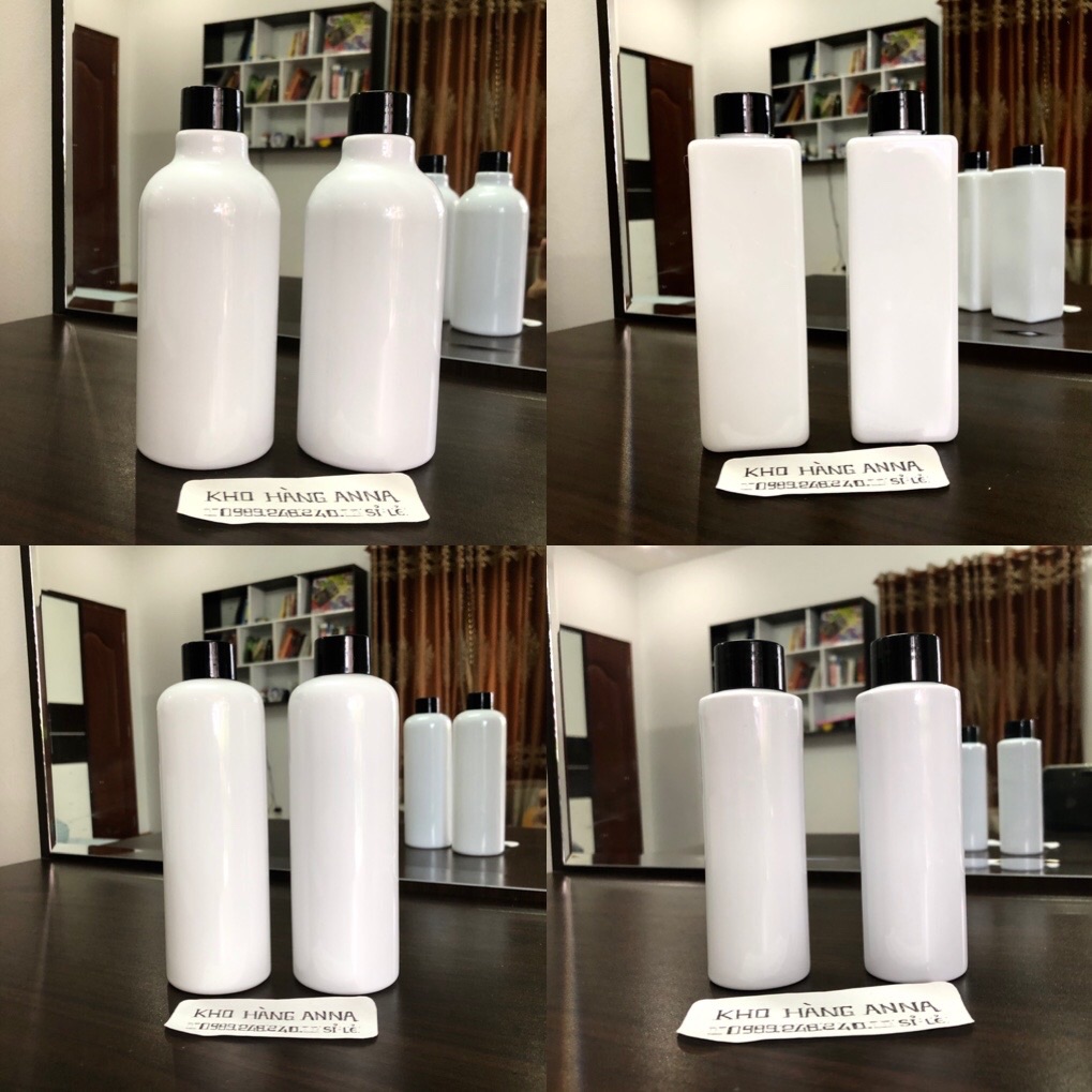 [ bottles ] 5 Chai nhựa màu trắng 100ml/ 150ml / 200ml/ 300ml nắp bật đen / trong suốt , nắp vặn đen  - Combo 5 Chai chiết Mỹ phẩm màu trắng nắp vặn đen - vỏ chai nhựa màu trắng