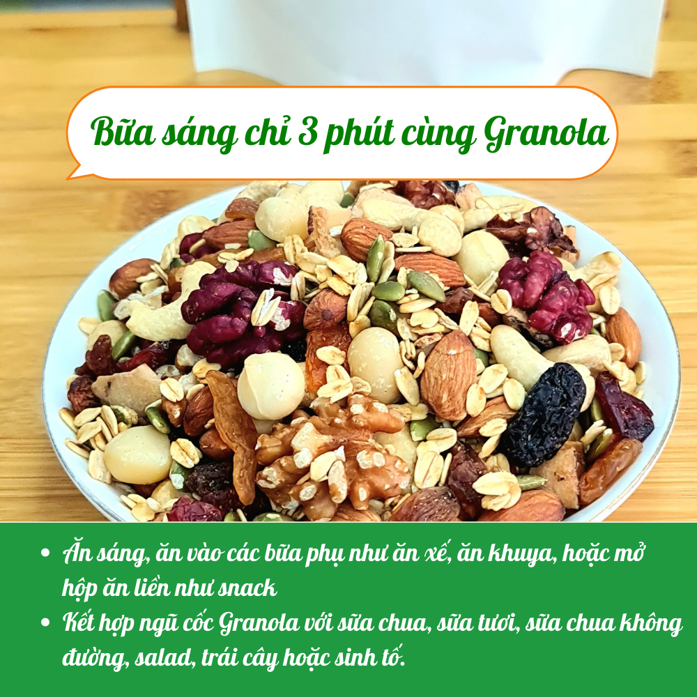 Granola ngũ cốc hạt ăn kiêng, giảm cân An An Food 20% yến mạch - 12 loai loại hạt dinh dưỡng mix cùng trái cây sấy Óc chó đỏ, vàng, macca, hạnh nhân, nhân bí xanh, hạt điều, nho khô, dâu sấy,... không đường