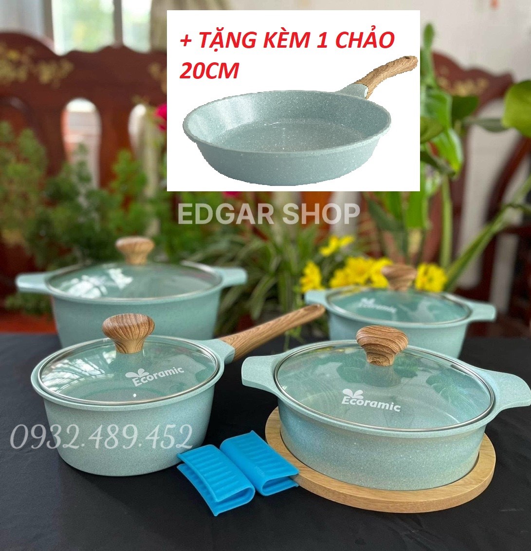 Bộ nồi chảo chống dính 5 món ecoramic quánh 16cm nồi 18cm 20cm 22cm chảo 20cm