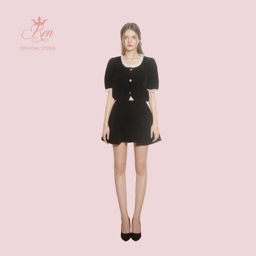 RENBYTEE- Áo Nhung Tay Lửng Lai Ren