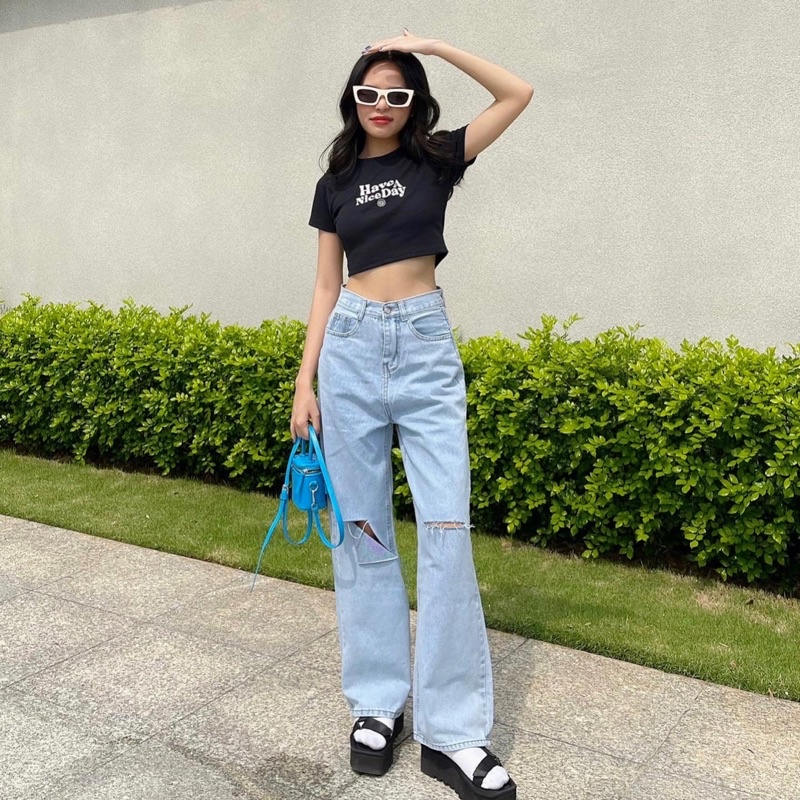 Áo Croptop Thêu Chữ Have A Nice Day