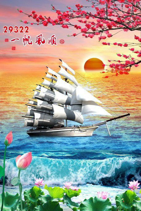 Tranh 3D thuận buồm xuôi gió dán tường in trên chất liệu lụa cao cấp