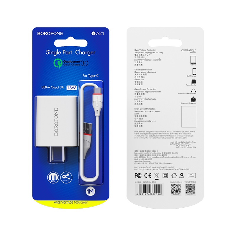 Bộ sạc nhanh 18w borofone ba21 cổng usb, qc 3.0 đầu micro, type-c dây cáp dài 1m - chính hãng