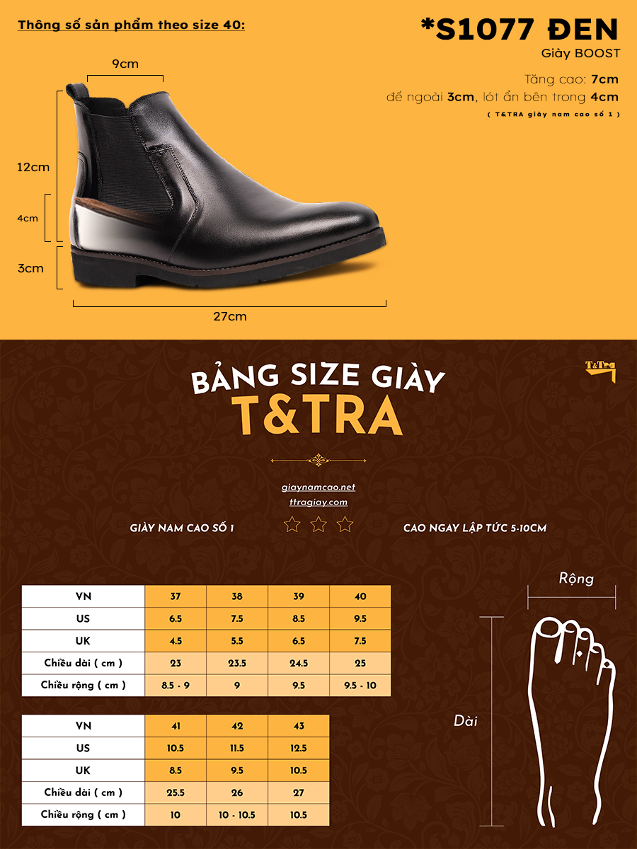 [ 7CM ] Giày Cao Nam T&TRA S1077 Đen