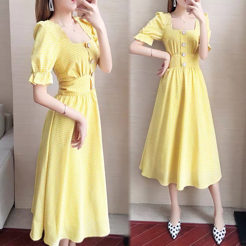 Đầm xòe nữ caro phối nút kiểu dáng tiểu thư xinh xắn có đủ size s m l xl xxl gladys
