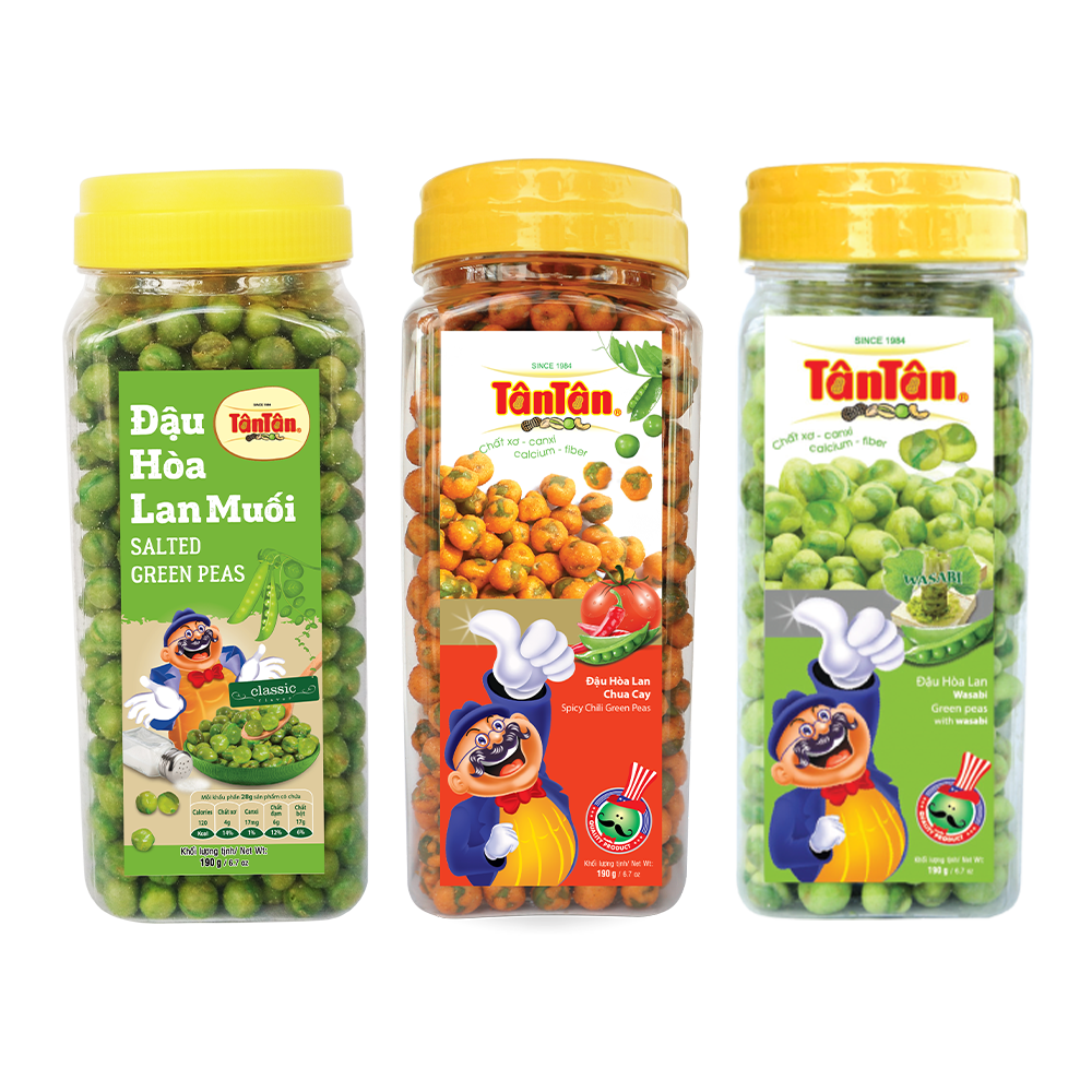 Combo 3 hũ đậu Tân Tân: HL Muối 190g, HL Chua Cay 190g, HL Wasabi 190g