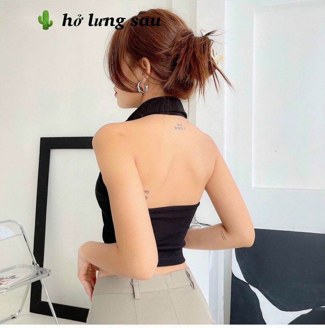 [HCM]Áo croptop cổ bẻ hở lưng