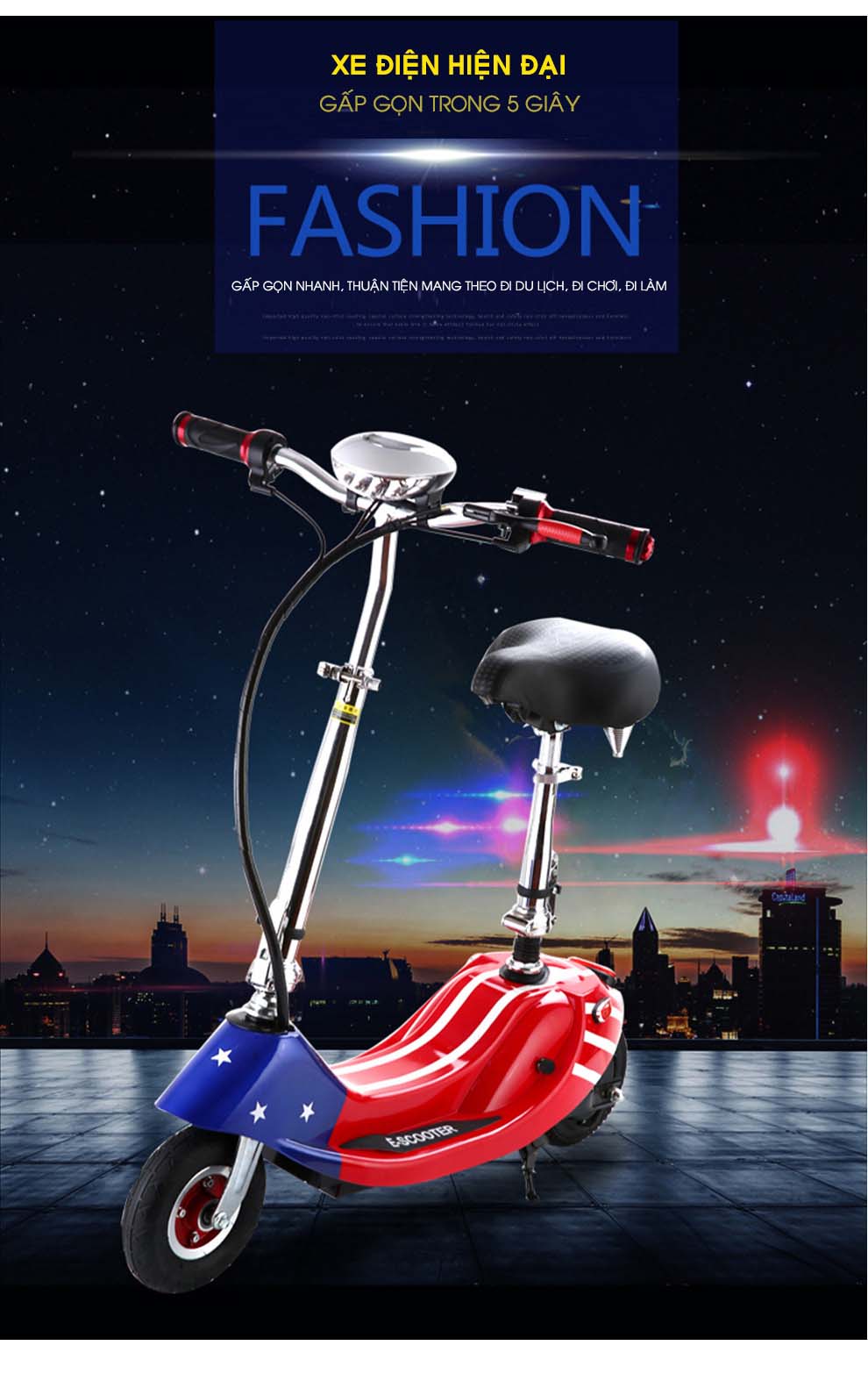 Xe Điện Gấp Gọn Mini E-SCOOTER (Ác Quy 24V-12A/ Có Giảm Sóc Trước/ Tặng Ghế Em Bé)