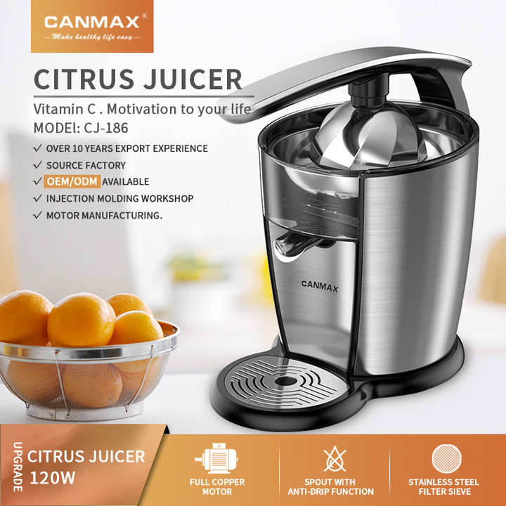 Máy vắt cam cao cấp thương hiệu Canmax CJ-186 - Chất liệu: Inox 304 - Dung tích: 1000ml - Công suất: 120W - Hàng Nhập Khẩu