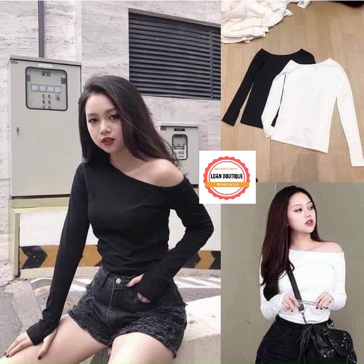 Aó thun lệch vai tay dài xỏ ngón_áo hở vai kiểu thu đông