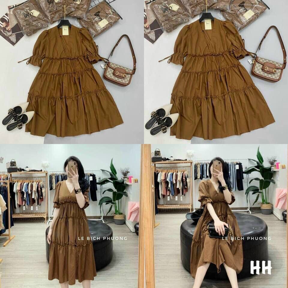 Đầm MAXI voan cát 3 tần cổ v tay lỡ phồng dịu dàng dễ thương