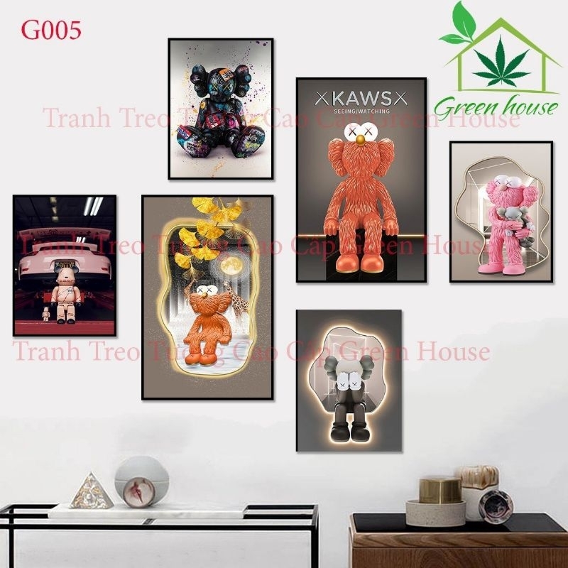 Set 6 Tranh Dán Tường Gấu Bearbrick/ Kaws Cao Cấp Trang Trí Decor