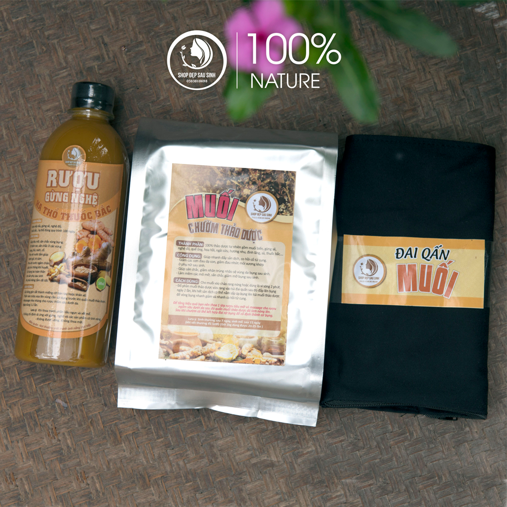 Combo đai quấn muối gừng thảo dược sau sinh (cốt gừng nghệ hạ thổ giảm eo, 1kg muối thảo dược, 1đai quấn)