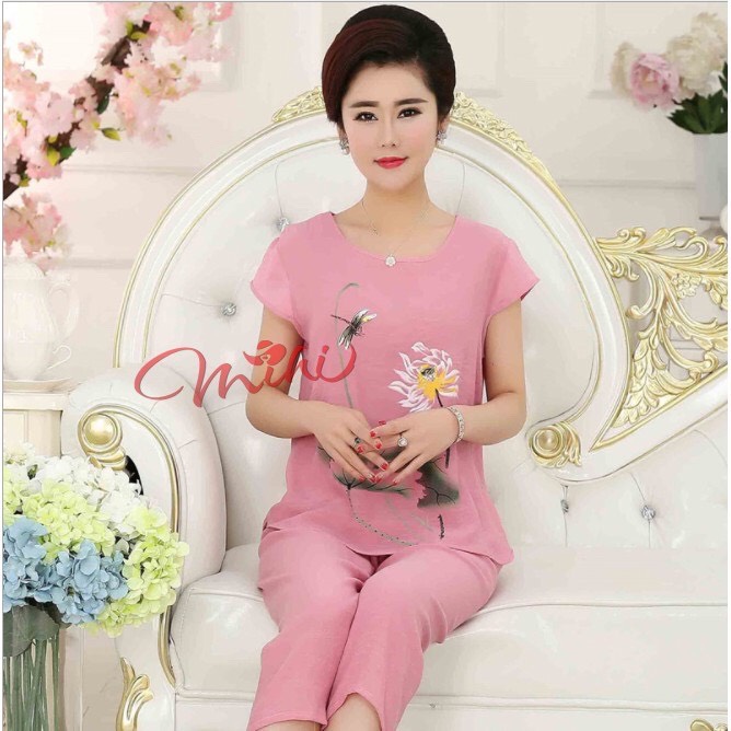 Bộ đồ trung niên nữ cho mẹ B57 - Quần áo mặc nhà trung tuổi Đũi hoa cao cấp sang trọng - Thời trang đồ ngủ mùa hè cho người lớn tuổi - Bộ đồ trung tuổi đẹp giá rẻ bigsize cỡ lớn cho người mập phù hợp U40 U50 U60 U70