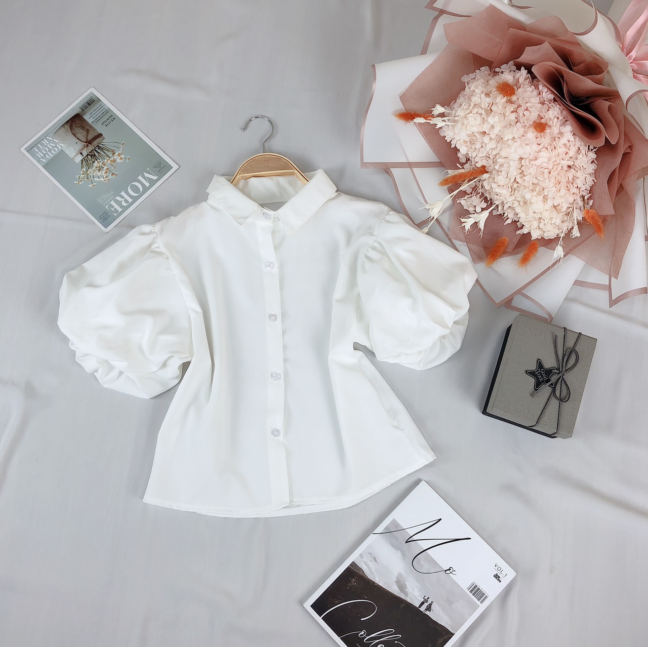 Áo sơ mi nữ tay bồng màu trắng tinh khôi- sơ mi đi học học sinh sinh viên TU