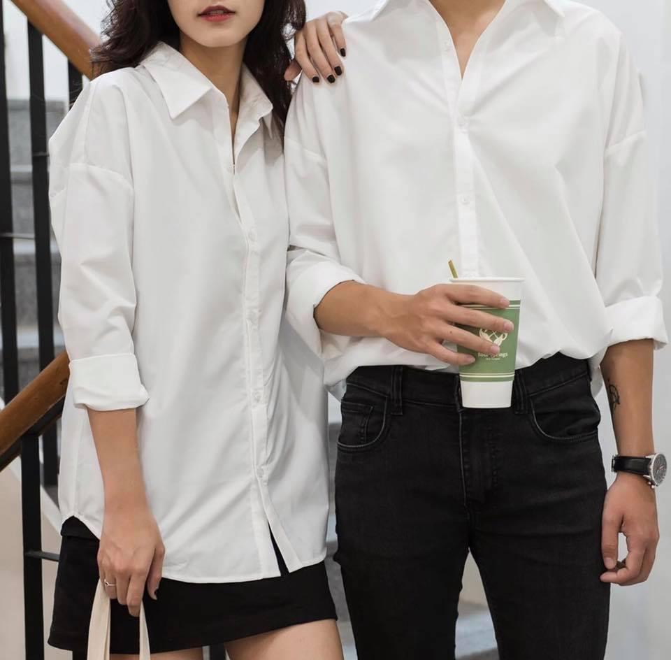 [HCM]Áo sơ mi lụa trắng đen nam nữ