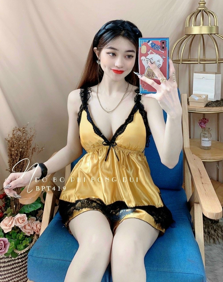 Set Bộ Ngủ Mặc Nhà Phối Ren Sexy Có Mút Ngực Vải Phi Bóng Mềm Mại Freesize Dưới 57KG Đồ Ngủ Sexy Có Mút Quyến Rũ Vải Phi Bóng Mềm Mịn