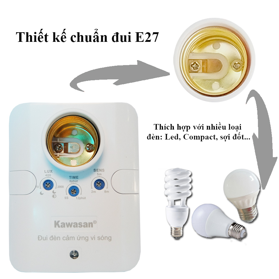 Đui đèn cảm ứng vi sóng rs686c chính hãng kawasan đui đèn thông minh