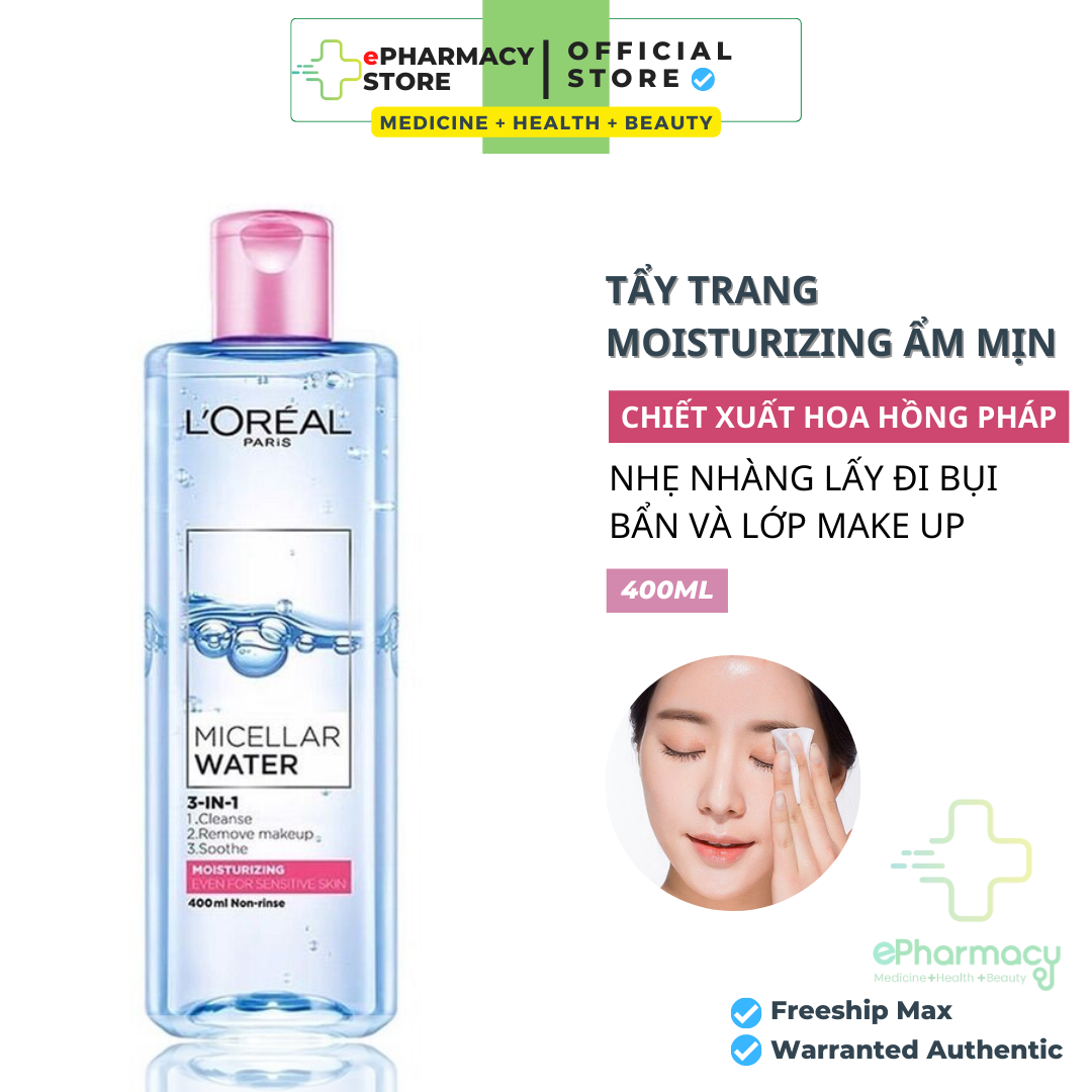 Nước tẩy trang LOreal Moisturizing HỒNG dưỡng ẩm cho da nhạy cảm - LOreal Paris 3-in-1 Micellar Water 400ml