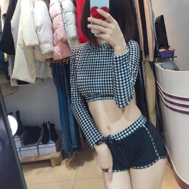 [HCM]Đồ bơi cặp thun lạnh caro set nữ tay dài