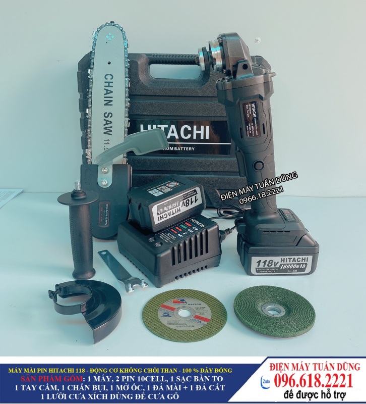 Máy cắt pin Hitachi 118v, 2 pin 20000mAh, không chổi than, tặng lưỡi cưa xích cắt gỗ và đá cắt, đá mài