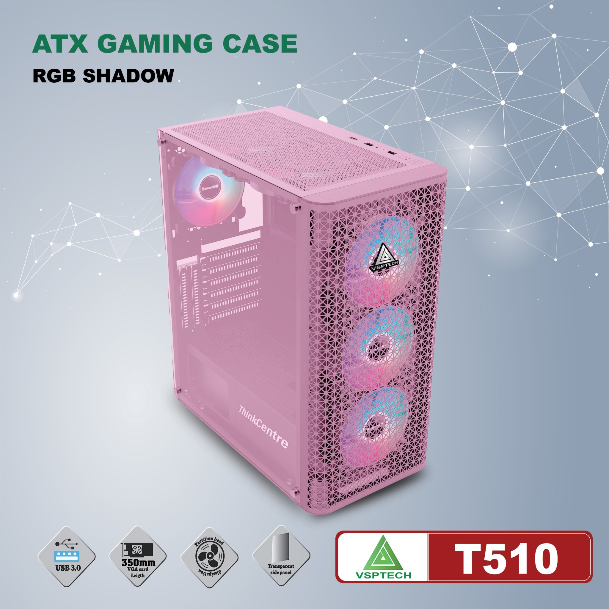 Case VSPTECH T510 Full ATX (Black - Pink)