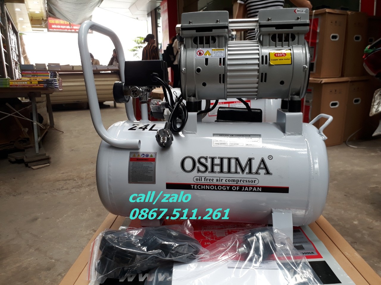 Máy nén khí không dầu Oshima 24L giảm âm, không ồn