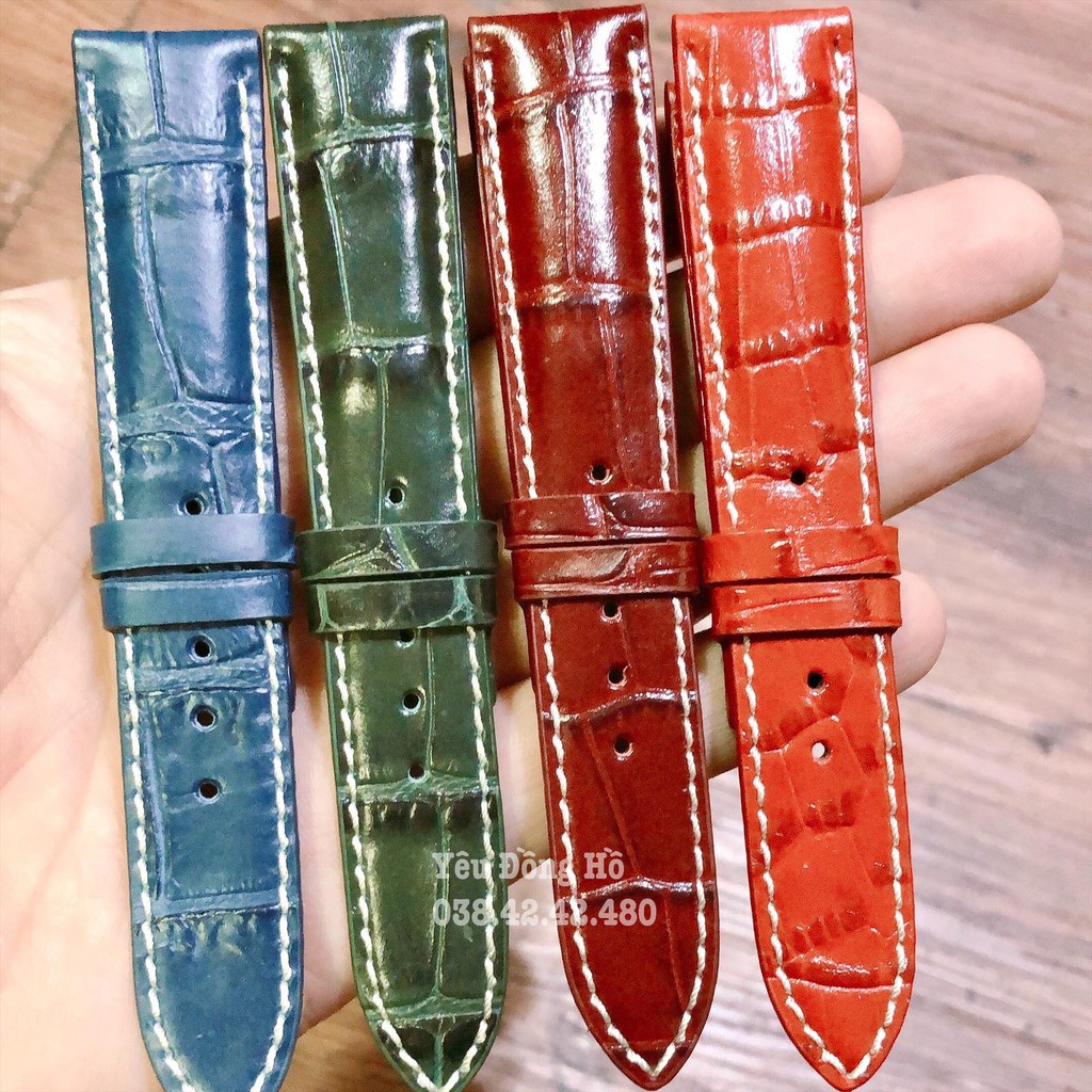 Dây đồng hồ da màu handmade khâu chỉ trắng - dây vân cá sấu