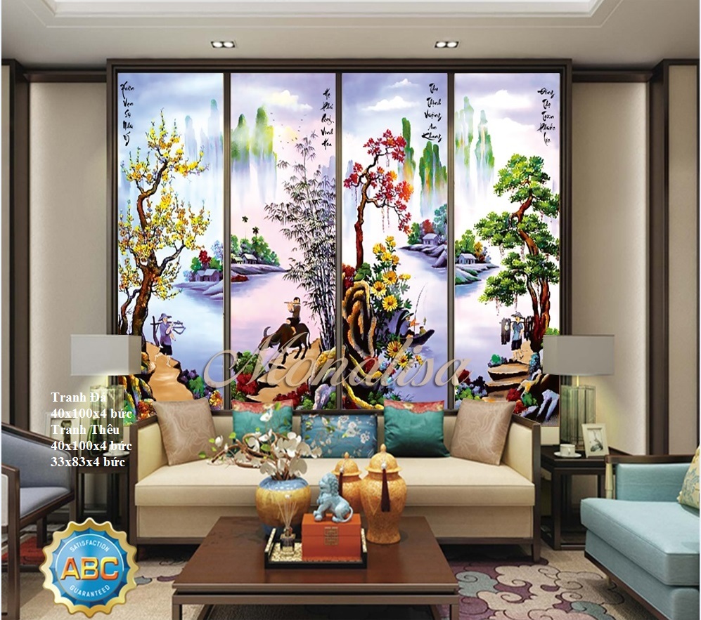 Tranh gắn đá,tranh đính đá tứ quý kt:36x100x4 bức