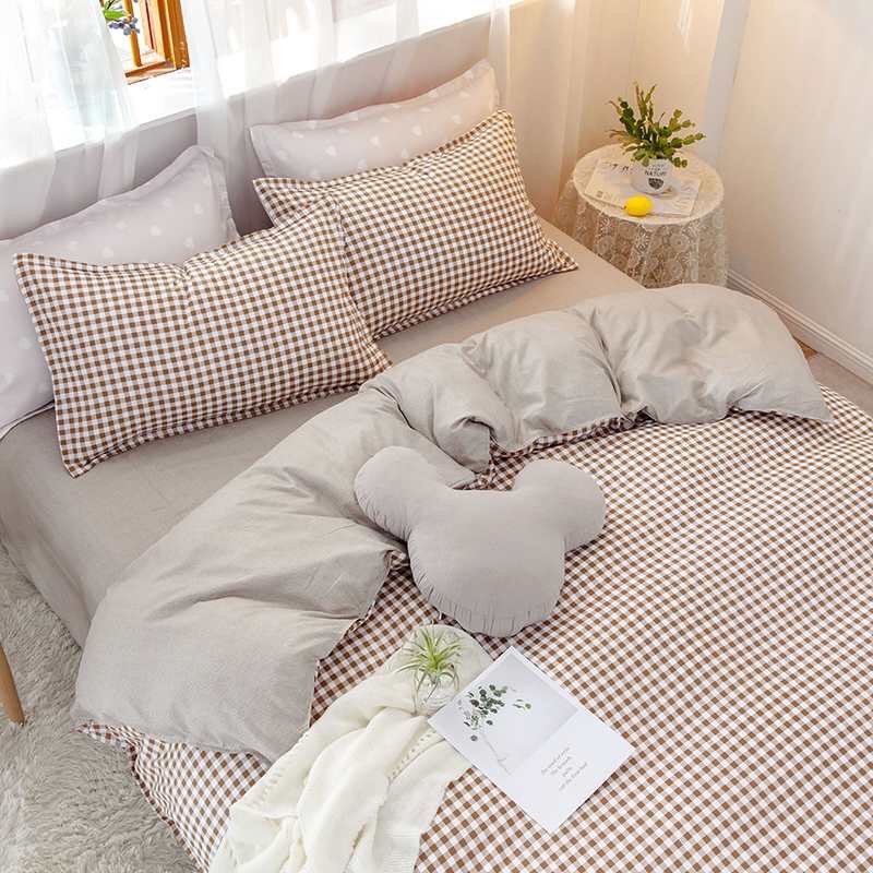 Bộ chăn ga gối phong cách Hàn Quốc caro nâu nhỏ bo chun đủ kích thước