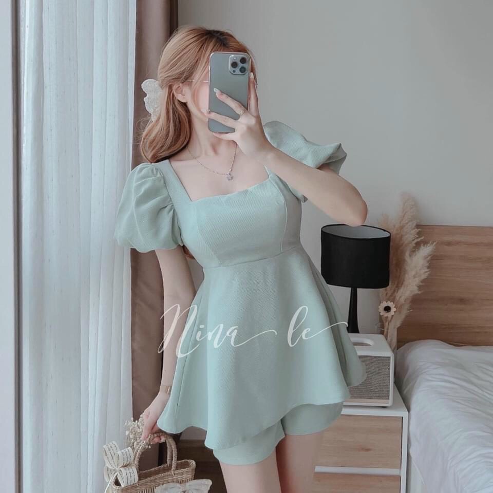 Set babydoll tiểu thư nữ, set quần đùi ngắn, áo kiểu tay phồng cổ vuông, set bộ tiểu thư áo kiểu cột nơ sau lưng xinh xắn
