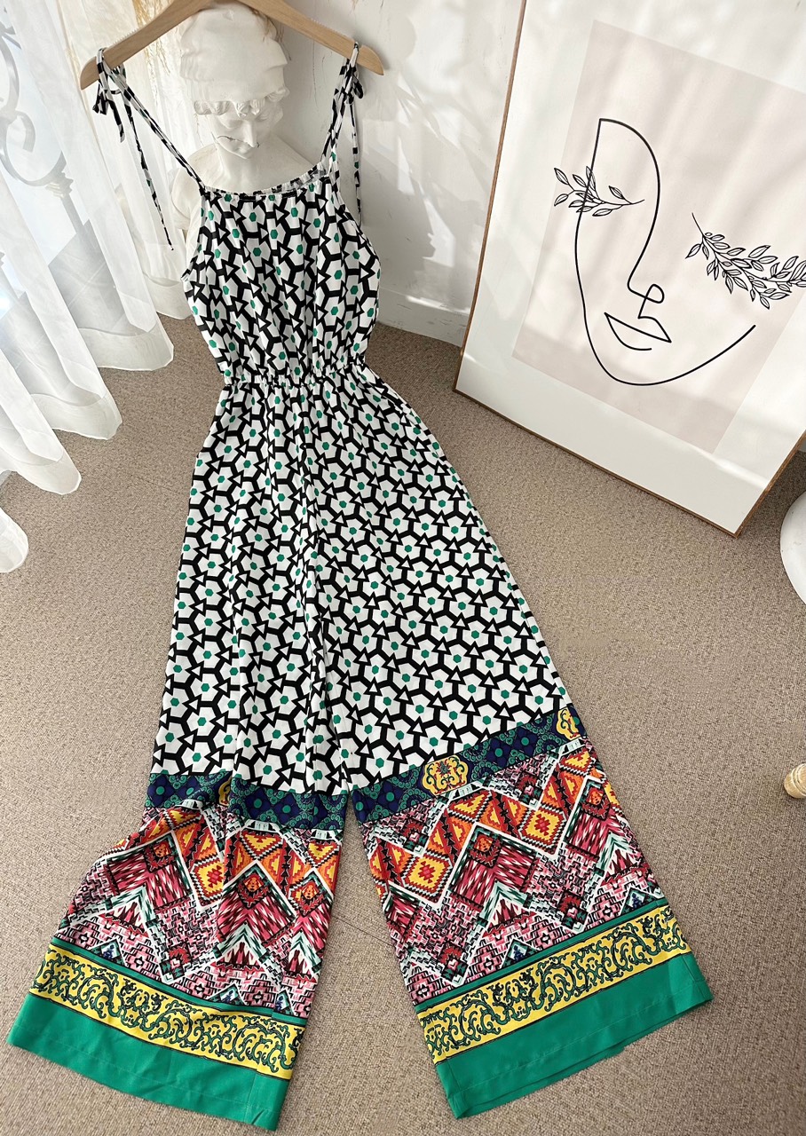 Jumpsuit 2 dây lụa họa tiết