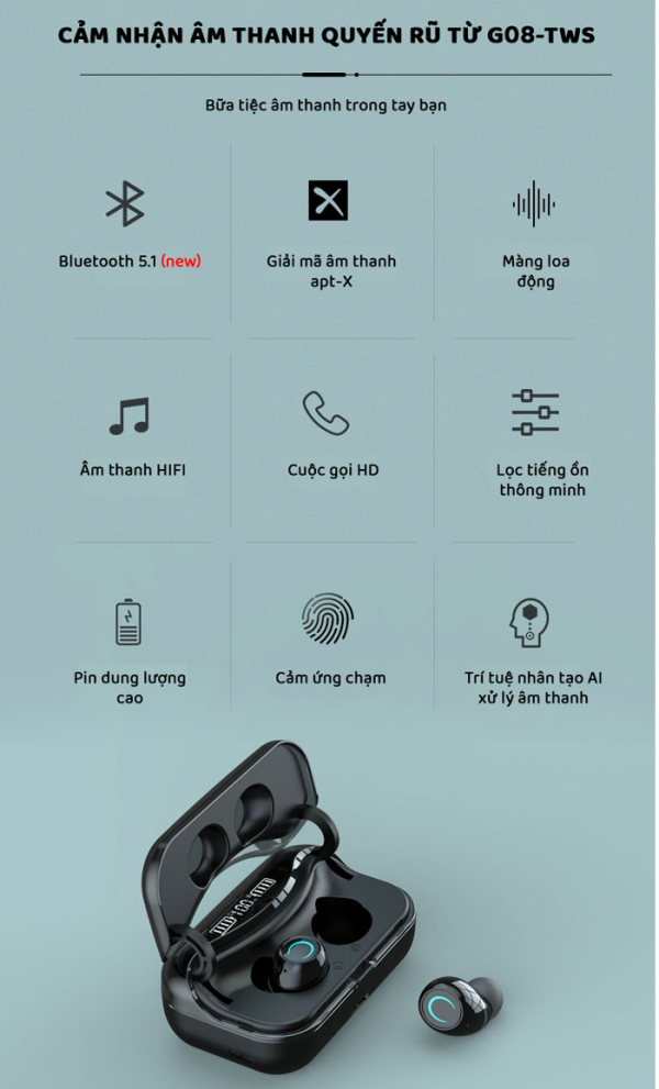 Worldmart - Tai nghe Bluetooth 5.1 âm thanh 9D G08-TWS