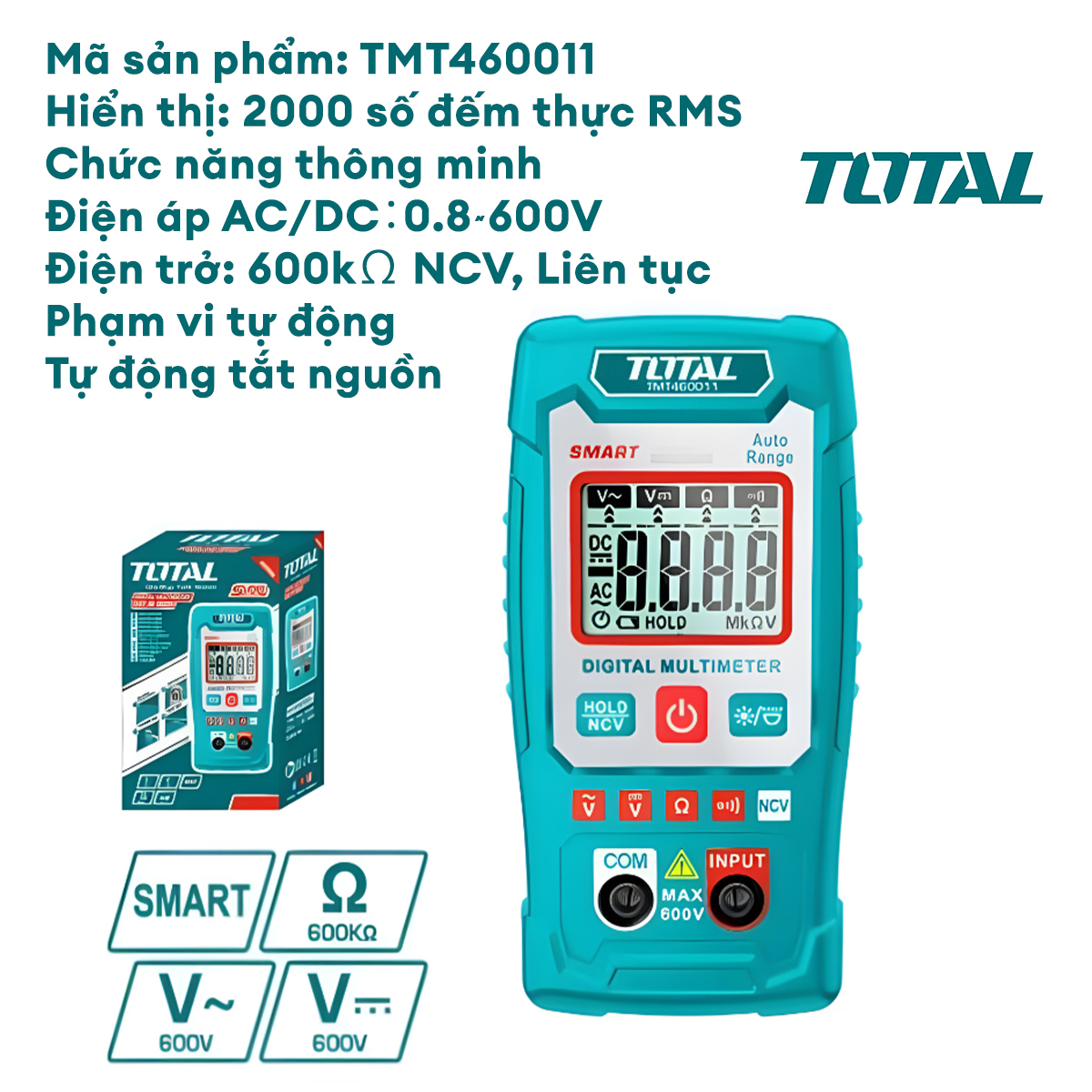 Đồng hồ đo điện vạn năng TOTAL màn hình LCD có đèn nền ban đêm đo dòng điện điện áp điện trở thông mạch TMT46001 TMT460012