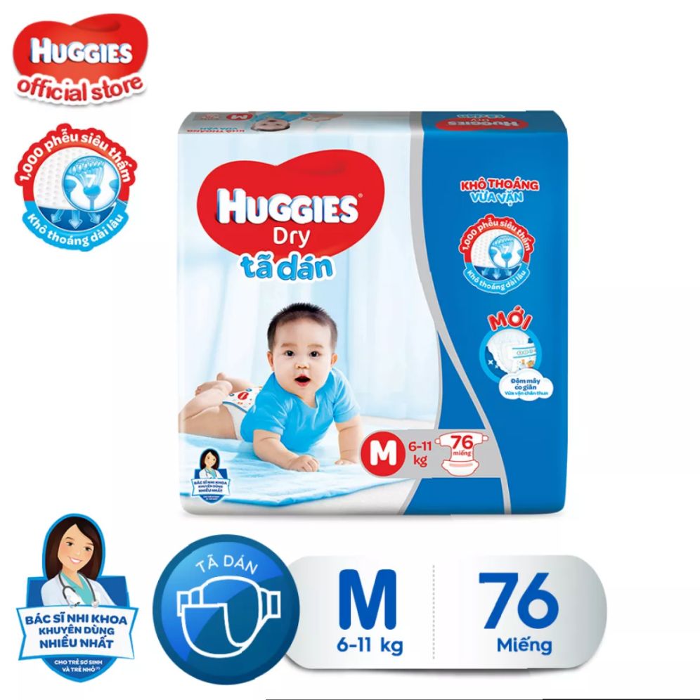 [HCM]Tã/bỉm dán Huggies dry super jumbo M76 ( đệm mây có giãn)-Gói 76 miếng