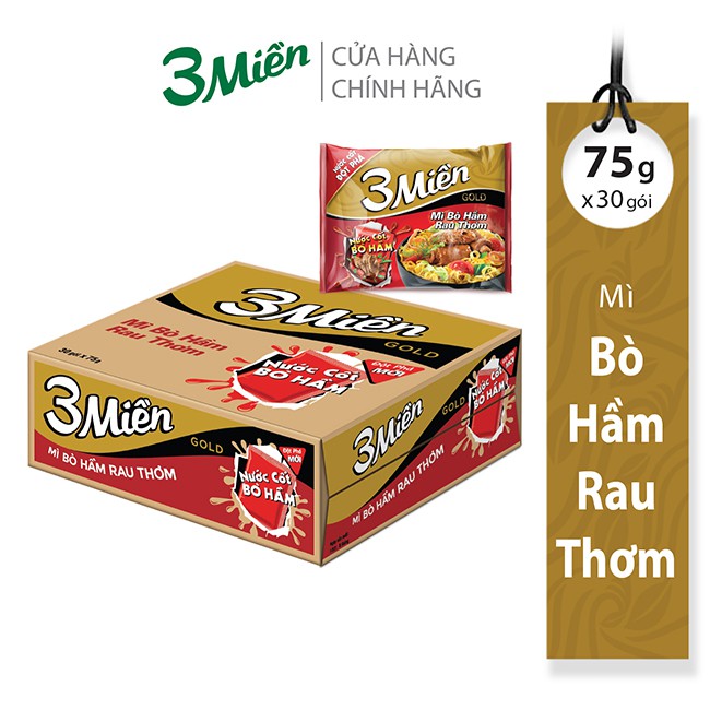 Mì Gói 3 Miền Gold Bò Hầm Rau Thơm 75g(30 gói x 75g)