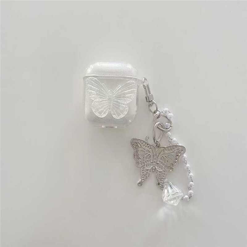 ins Airpods 1/2 Case Colorful butterfly and pearl diamond butterfly pendant soft case  For Airpods case Pro Protective Cover with Hook Protective Cover with TPU
