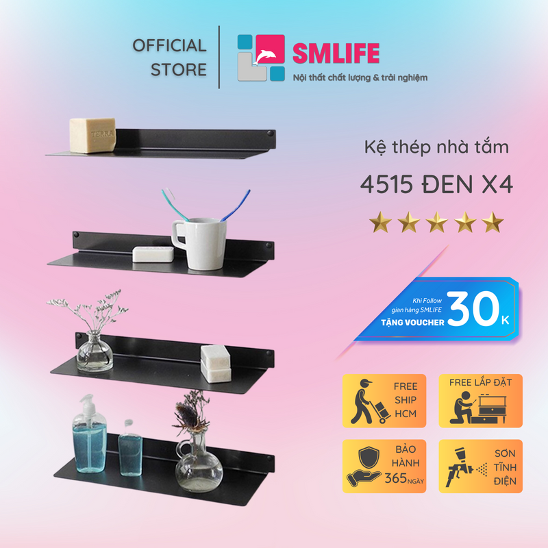Kệ nhà tắm treo tường 4515 - Kệ treo tường bằng thép dày 1,6mm - Sơn tĩnh điện màu Trắng/ Đen hiện đại - Tặng kèm bộ ốc vít và đầu bịt ốc