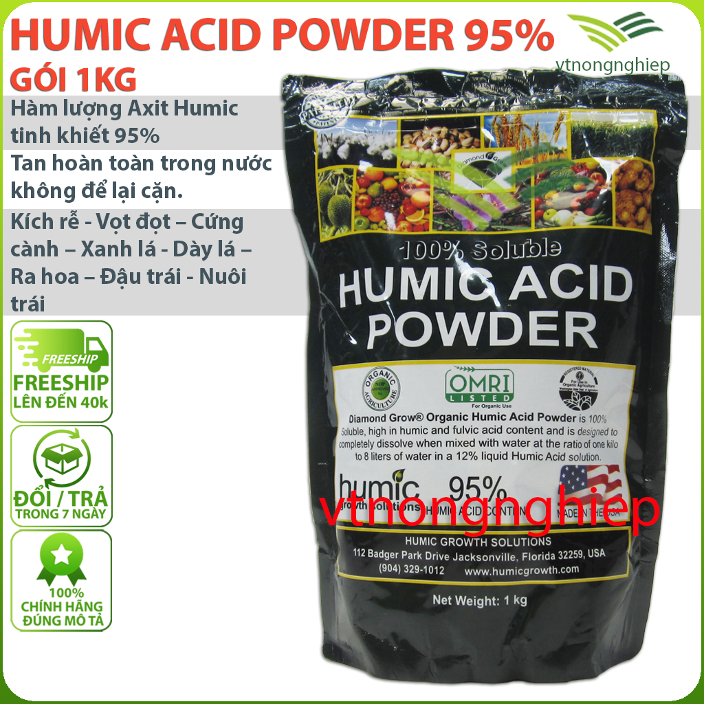 Phân bón Humic Acid Powder, túi 1 kg, phát triển rễ, xanh lá, chắc quả, cây cứng cáp, nhập khẩu Mỹ , đóng gói tại Việt Nam bởi công ty Hoàng Phúc